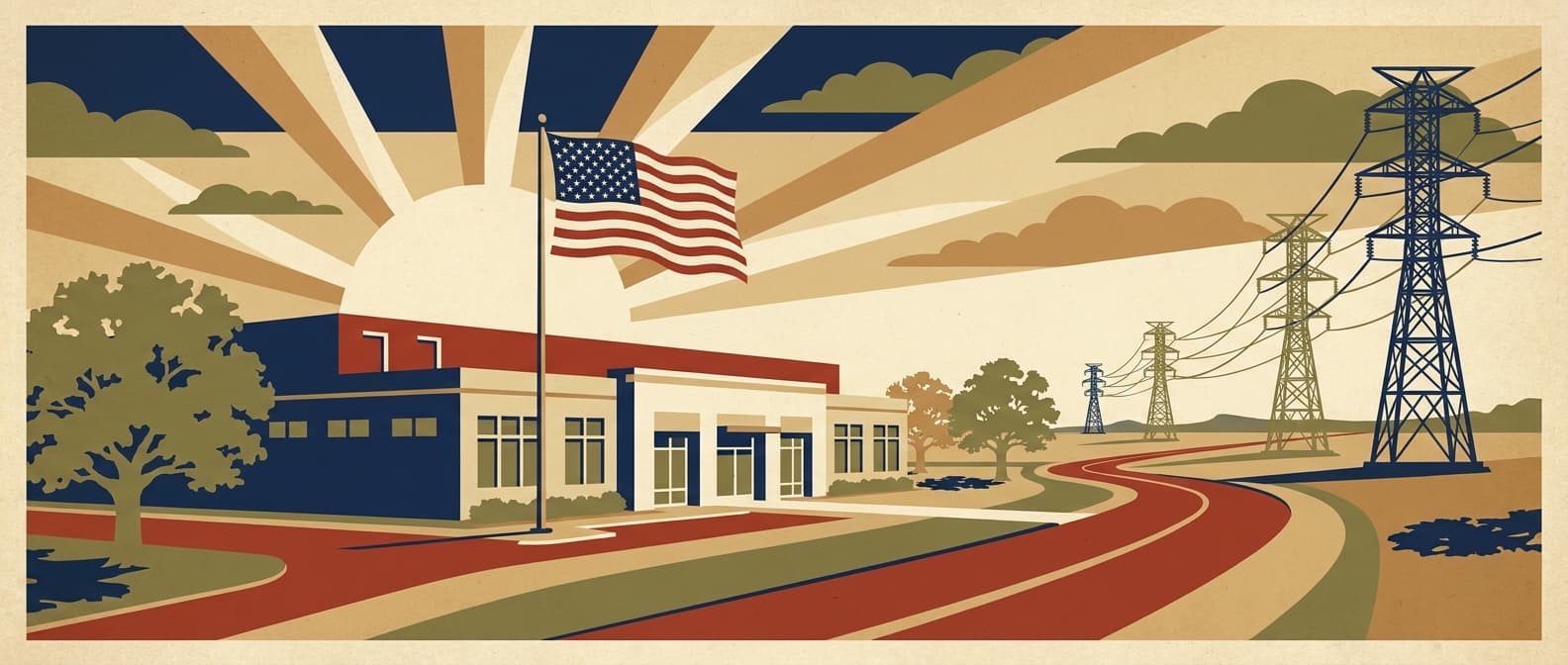 Vintage poster-style illustration of a data center at dawn beside farmland and transmission lines